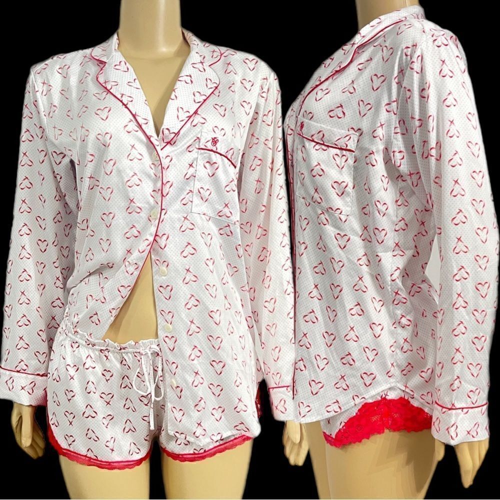 Victorias Secret Silky Satin Heart Print Button Down top M & Shorts L pajama Set